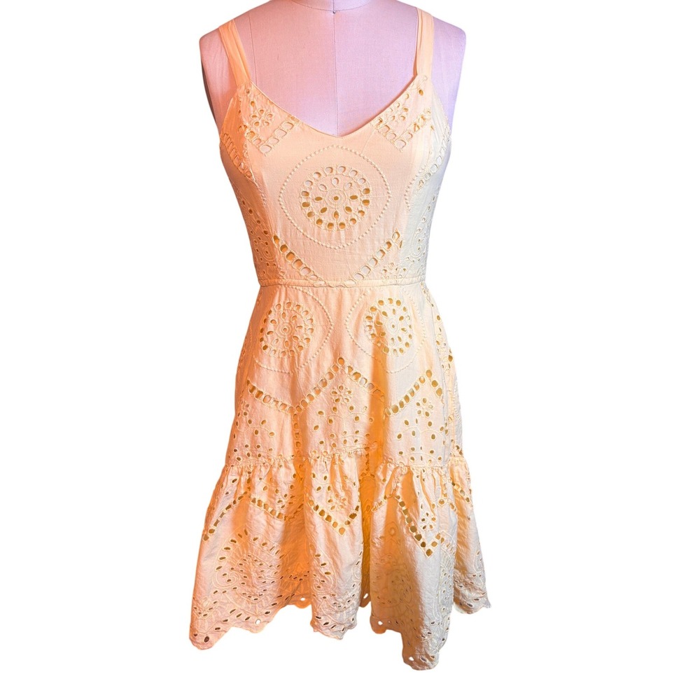 Italian Holiday Eyelet Midi Dress Womens Yellow Excellent Cotton Smocked Back